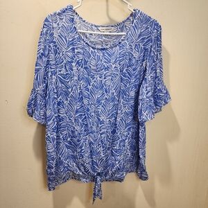 Counterparts Blue and White Leaf Print Blouse Tie Front Blouse Sizen XL